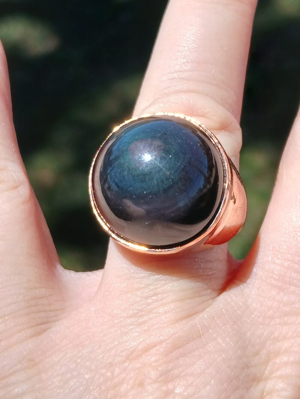 New Men's Round Black Obsidian Copper Ring.